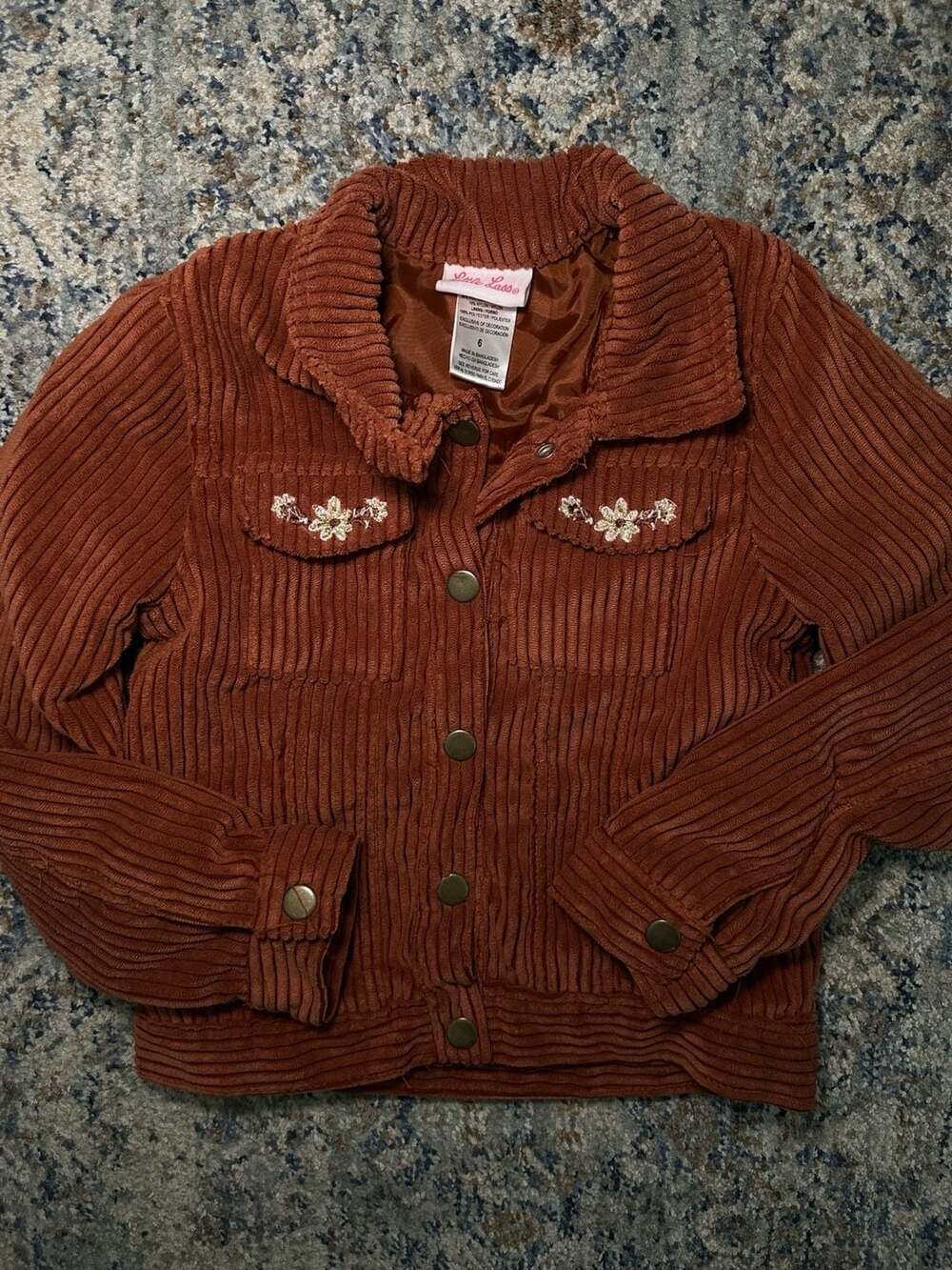 Little Lass Brown Corduroy Floral Embroidered Jacket Girls Size 6